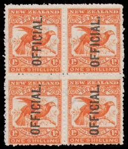 New Zealand: 1907-11 'OFFICIAL' Overprints 1/- orange-red Kea & Kaka SG O65 (CP #EO18e1) block of 4, characteristic rough perfs, unmounted, Cat Â£440++ as mounted singles ($NZ3200+ as unmounted singles). Superb!