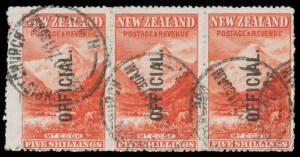 New Zealand: 1907-11 'OFFICIAL' Overprints 5/- Mount Cook SG O67 (CP #EO21e) horizontal strip of 3 with the Watermark Reversed, characteristic rough perfs & Perfs at Left Misplaced 3mm to the Left, fine Christchurch cds, Cat Â£570++ ($NZ1800++ VFU).