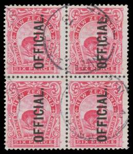 New Zealand: 1908-09 'OFFICIAL' Overprints on Smaller Birds 6d Kiwi Perf 14x15 SG O72 blocks of 4 in pink or Aniline pink (CP #EO15c1 & 2) with 'WELLINGTON/PARCELS' cds in violet or 'INVERCARGILL' cds, Cat Â£280++ ($NZ1240+ VFU). (2 blocks)