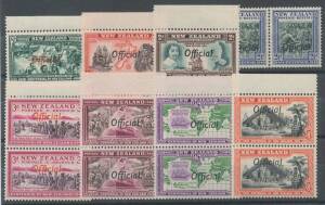 New Zealand: 1940 'Official' Overprints on Centennial Â½d to 8d complete marginal vertical pairs - the 2Â½d is a horizontal pair - from the top of the sheets, the first unit in each with 'ff' of 'Official' Joined SG O141a-O149a (CP #SO26az-SO35bz), lightl