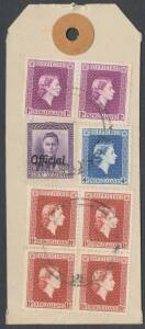 New Zealand: 1954-63 QEII Issues 3/- slate SG O167 VFU block of 4, OHMS covers including with 1d strip of 4 from 'CAMPBELL ISLAND' and airmail to GB or Germany both with 9d & 1/-, registered parcel tag with 3d + 5/- Arms with 'Official' Overprint, parcel 