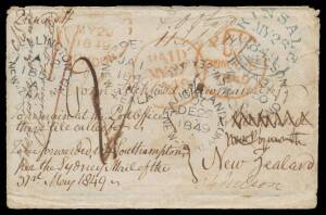 New Zealand: 1849 stampless cover from Ireland with very fine 'KINSALE/MY26/1849' cds in blue & three British cds in red, endorsed "To be forwarded from Southampton/per the Sydney Mail of the/31st May 1849" and in the same hand "To remain at the post offi