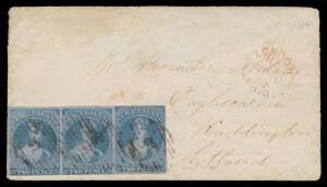 New Zealand: 1857 cover to Scotland with No Wmk 2d blue/blue SG 5 horizontal strip of 3 (margins just clear to large; Cat Â£900+ x2+ on cover) tied by untidy '18' cancels of Dunedin, 'OTAGO/NEW-ZEALAND' b/s & part 'HUNTINGTON' arrival b/s, opened-out & th