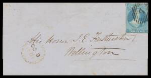 New Zealand: 1861 local outer with No Wmk 2d pale blue SG 9 (margins clear to large except where just shaved at right; Cat Â£180 x2+ on cover), superb '7' cancel & light 'WELLINGTON/OC3/1861/=NEW-ZEALAND=' cds in reddish-black at lower- left. [The Handboo