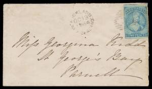 New Zealand: 1864 cover to "Miss Georgina Kidd/St George's Bay/Parnell" with 2d pale blue from the worn plate (SG 38, margins just clear - at right - to huge, with a fragment of the adjoining unit above) tied by faint '1' cancel of Auckland (cds alongside