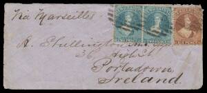 New Zealand: 1870 cover to Ireland "via Marseilles" with Perf 12Â½ 2d blue pair & 6d red-brown tied by indistinct numeral cancels, 'NZ/SHORTLAND/JA14/70' b/s (unrecorded by Wooders), Auckland transit & 'PORTADOWN/MR22/70' arrival b/s, minor blemishes & re