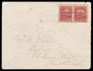 New Zealand: 1900 commercial cover with 1d Terrace pair centrally cancelled with neat manuscript "Tutamoe/7.6.00", to Auckland with 'KAIHU' & 'DANNEVIRKE' transit b/s, minor blemishes. Rated 10 by Richard Wooders.