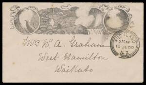 New Zealand: 1900 stampless illustrated envelope of three geysers, Auckland cds & Waikato arrival b/s but not taxed at either point, part of the flap missing. Attractive.