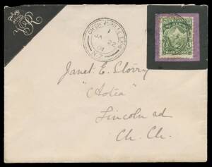 New Zealand: 1901 local mourning cover with Queen Victoria's monogram at upper-left, Â½d Mount Cook tied by 'CHCH JUBILEE EXHN/JA22/01' cds with another very fine strike alongside. With a matching notelet. [An extraordinary example of philatelic time-trav