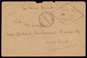 New Zealand: 1914 1914 cover with a very fine strike of the rare diamond 'POSTED ON/OCT 6 1914/HMNZT/NO 8' d/s in murky violet, Auckland cds of the same date alongside, minor repaired peripheral tears. Ex Gordon Darge. [Troopship No 8 was the "Star of Ind