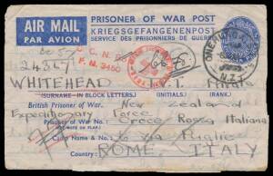 New Zealand: 1943 & 1944 POW Aerogrammes 1) 1/6d to Italy, a bit worn; and 2) 'SIXPENCE' on 1/- to Germany, superb! The second is, most unusually, from a young girl, to her uncle. [Also includes a blue/buff private formular type, very fine unused] (3)