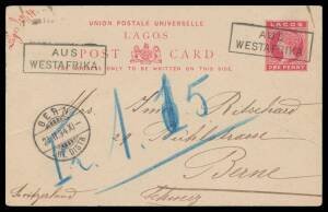 Nigeria: LAGOS: 1894 1d red Postal Card commercially used to Switzerland endorsed "Lagos/28/1/94" on face in red, posted directly onto German Woerman Line mail steamer with boxed 'AUS/WESTAFRIKA' cachet used as canceller and another very fine strike along