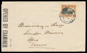 Niue: WORLD WAR II CENSORSHIP: 1940 (June 21) philatelic cover to Victoria with NZ-pattern 'PASSED BY CENSOR NZ/ 14 ' cachet (Little #H1); and 1944 (June 20) mission cover to Samoa with 'OPENED BY EXAMINER/ DDA 26' label. [John Little notes at page 172 th