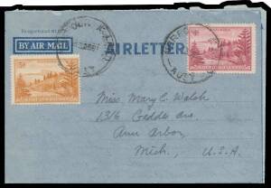 Norfolk Island: 1951 social usage of Australian formular aerogramme BW #FA1B to Michigan uprated with Ball Bay 3d & 4d tied by cds of 13DE51, Cat $800. [The message states "[We] are now camped on the beach...There are lots of ruins...some dating before 18