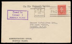 Norfolk Island: WORLD WAR II CENSORSHIP: Boxed 'Passed by/Censor 1/NORFOLK ISLAND' superb strike on Administrator's Office cover with Sydney Paquebot machine cancel, similar #2 on cover to Hobart & on reverse of philatelic cover, similar #3 on stampless O