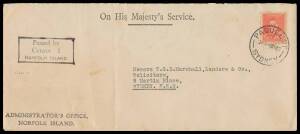 Norfolk Island: WORLD WAR II CENSORSHIP: 1940 flapless OHMS cover with Administrator's Office imprint & 'Passed by/Censor 1/NORFOLK ISLAND' h/s unusually in black (Little #H2aa; stated to be the only example of the cachet recorded in black), KGVI 2d tied 