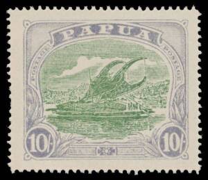 Papua: 1916-31 Bicolours 10/- perforated plate proof in the issued colours on poor quality ungummed unwatermarked wove paper, well centred. [Only a block of 20 (5x4) - the lower-half of one sheet - is believed to have survived, including the imprint block