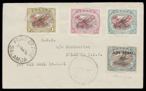 Papua Flights: 1931 (March 13) Port Moresby-Salamaua AAMC #P29 cover with Lakatois Plane overprint 3d, 6d & 1/- (the latter with 'RIFT IN CLOUDS' variety) & 3d 'AIR MAIL' overprint tied 'PORT MORESBY/13MR31/PAPUA' cds and 'POST OFFICE/14MR31/SALAMOA' arri