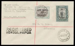 Papua Flights: 1932 (Dec 20) Kokoda-Salamaua AAMC #P51 cover with Lakatois 3d 'AIR MAIL' overprint & 5d tied 'KOKODA ND/NEW GUINEA' cds and 'REGISTERED/KOKODA, PAPUA' cachet alongside on face, 'POST OFFICE/ SALAMAUA' arrival b/s of same day, carried by F 