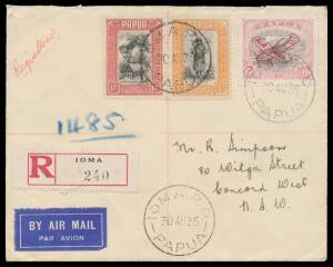 Papua Flights: 1935 (Aug 30) Port Moresby-Ioma AAMC #P86 registered cover endorsed "FIRST DIRECT FLIGHT PORT MORESBY TO IOMA per VH-UOX piloted by O Denny" with Lakatois 3d 'AIR MAIL' overprint & 2d Jubilee tied 'PORT MORESBY/29AU35/PAPUA' cds signed "O D