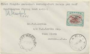 Papua Flights: 1935 (Sept) Daru-Port Moresby-Darwin AAMC #P90a cover endorsed "First Flight Daru-Port Moresby-Port Darwin per RAAF Southampton Flying Boat A-11-1" with Lakatois 3d 'AIR MAIL' overprint tied 'DARU/-1SE35/PAPUA' cds and 'PORT MORESBY/26SP35/