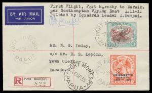 Papua Flights: 1935 (Sept) Port Moresby-Darwin AAMC #P90 registered cover endorsed "First Flight Port Moresby to Darwin per RAAF Southampton Flying Boat A-11-1 Piloted by Squadron Leader A Hempel" with Lakatois 3d 'AIR MAIL' overprint & 2d Jubilee tied 'P