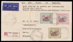 Papua Flights: 1935 (Sept) Port Moresby-Darwin-England AAMC #P90X (unlisted) registered cover endorsed "All Air Papua to England/Port Moresby to Darwin per RAAF Southampton Flying Boat A-11-1/Thence Australia-England-Singapore Services" with Lakatois 3d 6