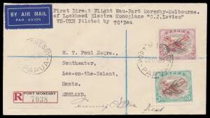 Papua Flights: 1936 (Oct 29) Port Moresby-Melbourne Cup AAMC #P108 two covers carried by Guinea Airways Lockheed Electra charter flight one endorsed "PAPUA TO MELBOURNE CUP 1936" with Lakatois 6d 'AIR MAIL' overprint single tied 'PORT MORESBY/28OC36/PAPUA