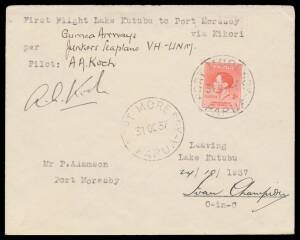 Papua Flights: 1937 (Oct 11) Port Moresby-Lake Kutubu AAMC #P117 cover carried by Guinea Airways Junkers W34 seaplane with KGVI Coronation 1d x2 tied 'PORT MORESBY/PAPUA' cds plus return flight Lake Kutubu-Port Moresby #P121 with KGVI Coronation 2d tied '