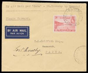 Papua Flights: 1939 (Jan) Port Moresby-Samarai AAMC #P141aX (unlisted) Burns Philp Line cover endorsed "By Air Mail per 'Guba'-Pt Moresby to Samarai" with Jubilee 2d tied 'PORT MORESBY/14JA39/PAPUA' cds, light fold & minor blemishes. The Archbold Expediti