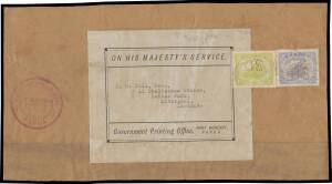 Papua: OFFICIAL MAIL: 1928-35 good-size pieces from parcels each with Government Printing Office addressing label, all to Evan Gill in England with Monocolour 'OS' punctures Â½d & 2Â½d or 2d, Monocolours 1d + Bicolours 1d pair, or Bicolours 1d pair, condi