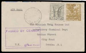 Papua: WORLD WAR II CENSORSHIP: Airmail covers 1) from Samarai x2 with complete strikes of the large 'PASSED BY CENSOR/...Asst Censor' cachets both to GB with Pictorials 6d & 1/- or Airmails 5d & 1/- (underpaid 1d but not taxed); 2) from Port Moresby x2 w