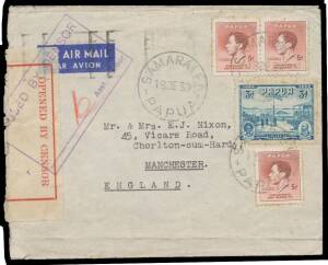 Papua: WORLD WAR II CENSORSHIP: 1939 (Dec 18) commercial airmail cover to GB with very scarce franking of Declaration 3d & Coronation 5d x3 (a little oxidised) unusually with both red/white label & large cachet in violet, Townsville transit b/s, minor ble