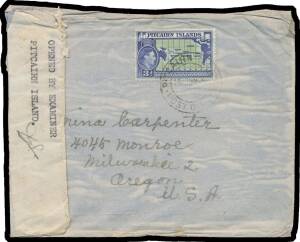 Pitcairn: WORLD WAR II CENSORSHIP: social cover to Oregon with KGVI 3d Map tied by Pitcairn cds of 15JUN44, complete typed 'OPENED BY EXAMINER/PITCAIRN ISLAND ["initials"]' censor label (the earliest of the very few recorded), apparently involved in a mar