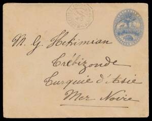 Seychelles: ENVELOPES: 1895 15c blue "Square" Format H&M #E2a to an Armenian at "Trebizonde/Turquie d'Asie/Mer Noire" (= Black Sea), light cds & octagonal 'MARSEILLE A LA REUNION/12/MAI/06/LV No1' d/s, French Post Offices backstamps of 'PORT SAID', light 