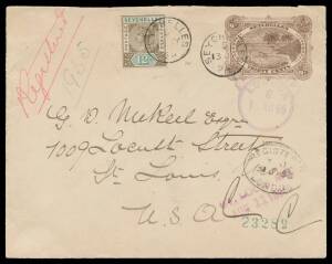 Seychelles: ENVELOPES: 1895 30c brown H&M #E3 registered in 1895 to Missouri with 12c Die II tied by code '5' cds, oval 'REGISTERED/LONDON' & rubber hooded 'REGISTERED/LONDON/ 6 ' cds in violet plus 'ST LOUIS MO/AUG 11 1895' arrival d/s in purple all on t