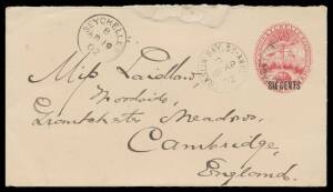 Seychelles: ENVELOPES: 1900 'SIX CENTS' on 8c carmine "Rectangle" Format H&M #E5b to England in 1902 with two strikes - one faint - of the scarce 'PRASLIN BAY ST ANSE' cds & code 'B' (upright) transit cds, Cambridge arrival b/s, repaired opening tears at 