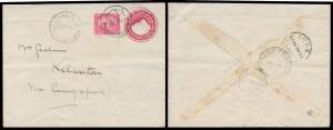 Thailand: 1904 apparently commercial usage of Egyptian 5m Envelope uprated with 5m tied by 'ALEXANDRIA' cds, to "Kelantan/Via Singapore", 'SUEZ' & 'SINGAPORE' transit & light but obvious Siamese-pattern 'KELANTAN/21.8.04' arrival b/s, minor blemishes. Ter