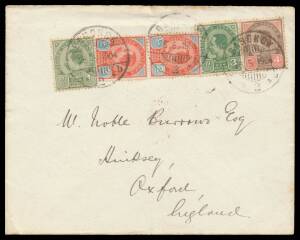 Thailand: 1904 (May 26) commercial cover to England with 4-colour franking of 1899 1a 2a pair 3a & 4a tied by Bangkok 2 cds, very fine 'OXFORD' arrival backstamp. Ex Len Colgan.