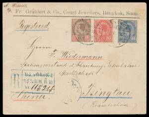 Thailand: 1905 (Jan 27) cover with imprint of 'Fr Grahlert & Co, Court Jewellers, Bangkok, Siam' at top, to a director of the Shantung Railway Company in "Tsingtau/Kiautschou", 1904 4a 6a & 14a all tied by 'BANGKOK/ 2 ' cds, bilingual registration cachet 