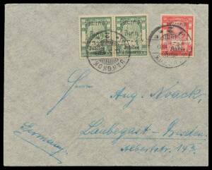 Thailand: 1909 cover to Germany with Jubilee Overprints 3 atts pair & '4' on 5 atts Narrow Surcharge H #122b tied by Bangkok 2 cds, sender's endorsement of a Ned-Lloyd ship's officer from Hong Kong on the flap. Superb! Ex Len Colgan: acquired at the Prest