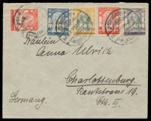 Thailand: 1909 cover to Germany with 1909 (Aug) Surcharges 2stg on 1a, 3stg on 3a, 6stg on 4a x2 & 14stg on 9a tied by Bangkok cds. Ex Len Colgan: acquired at the Prestige auction of 24.6.2011 for $299.