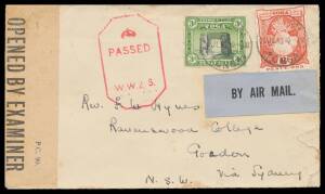 Tonga: WORLD WAR II CENSORSHIP: 1941-43 mission covers to NSW 1) surface with 2Â½d & very fine 'PASSED BY CENSOR' (Little #H1; only two examples in violet recorded), also censored at Sydney; 2) part-airmail at 9d rate with 'OPENED BY EXAMINER/WW5' label &