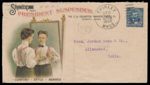 USA: Mail to India group including 1878 cover via Brindisi with 10c Banknote single and boxed 'RE-DIRECTED' cachet, 1892 1c Franklin wrapper with 3c Jackson added, 1902 1c McKinley postal card taxed with 'ALLAHABAD/UNPAID' oval d/s in green on face & mult