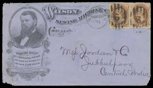 USA: 1877 double-rate Wilson Sewing Machine Co illustrated cover to India with 10c Banknote pair tied by 'NEW YORK-6/NOV28' duplex, 'BRINDISI' & Bombay-Aden 'SEA/POST OFFICE/F' transit & 'JUBBULPOOR/JAN4' arrival b/s, a few edge faults but very attractiv