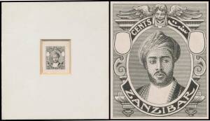 Zanzibar: Two exhibit pages with 1913 master die proof with blank value tablets & faint guidelines in the margins in black on thin card recessed in a larger mount, 6c violet Postal Card in the same design with 'SPECIMEN' Overprint, 1936 25c imperf colour 