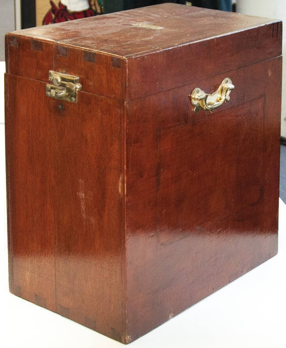 TENNIS BOOKS BOX: Wooden box with hinged lid, 26x46x50cm, with brass plaque on top engraved "Tennis Books, brass handles & catch. Attractive and scarce.