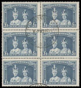 Pre-Decimals: 1938-49 Robes Thick Paper 10/- (3x2) & Â£1 (2x3) blocks of 6, light cds cancels. Rare commercially used multiples. (2 blocks)