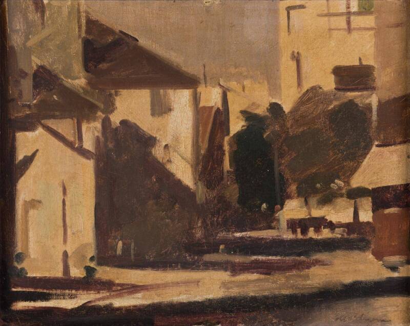 MAX MELDRUM (1875-1955): “A Street in Paris”, oil on board, signed lower right, 40x32cm. Endorsed on reverse “Clamart 1930”, and with label, “A Retrospective Exhibition of the Paintings of Max Meldrum, 1954”.