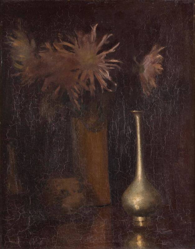 MAX MELDRUM (1875-1955): “Chrysanthemums”, oil on board, 37x47cm, with label on reverse, “National Gallery, Melbourne/ Loan Exhibition 1925”, in John Trallon frame.